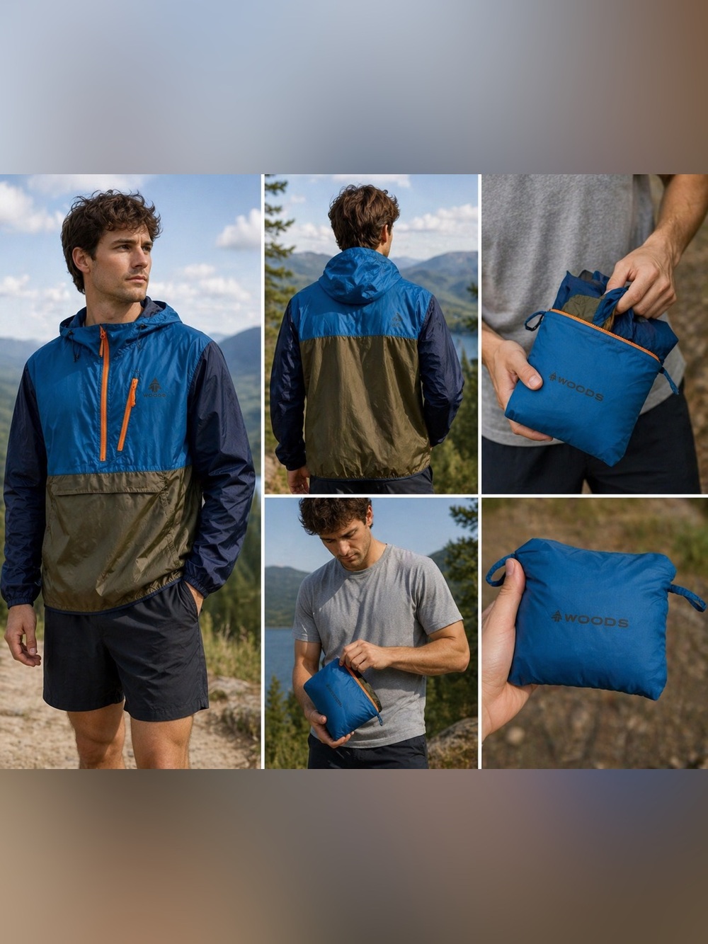 Woolrich Men's Blue and Olive Colorblock Packable Windbreaker